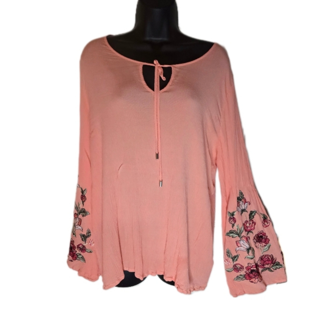 DG2 Peach Gauze Tunic with Floral Embroidery on bell sleeves